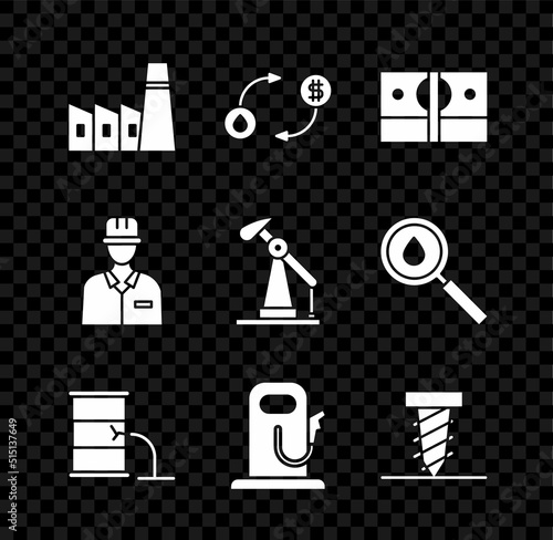 Set Oil industrial factory building, exchange, Stacks paper money cash, Barrel oil leak, Petrol gas station, Rotating drill digging hole, Oilman and pump pump jack icon. Vector