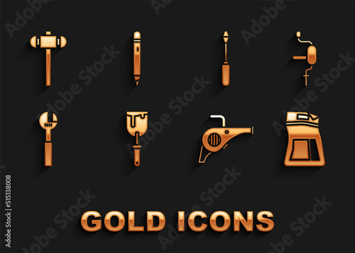 Wallpaper Mural Set Putty knife, Hand drill, Cement bag, Leaf garden blower, Adjustable wrench, Screwdriver, Sledgehammer and Pencil with eraser icon. Vector Torontodigital.ca