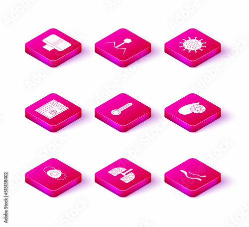 Set Medical protective mask, Virus cells in lung, Clipboard with blood test results, thermometer, Ebola virus disease, Blood and, and Bacteria bacteriophage icon. Vector