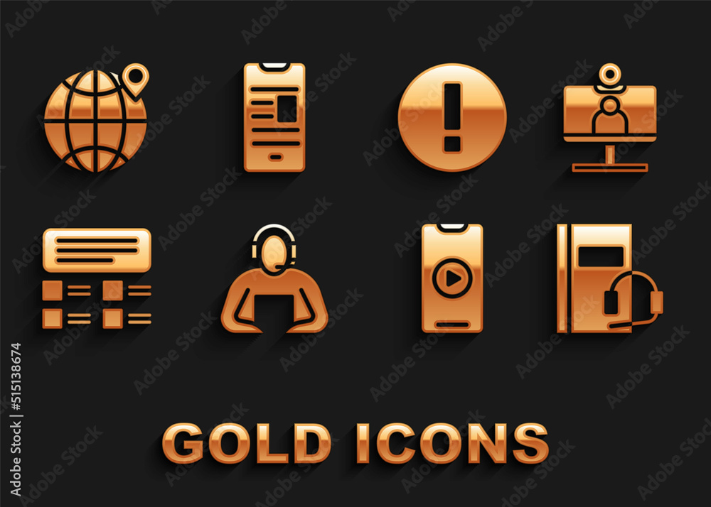 Set Student, Video chat conference, Audio book, Online play video, quiz, test, survey, Information, Location the globe and mobile icon. Vector Set Student, Video chat conference, Audio book, Online play video, quiz, test, survey, Information, Location the globe and mobile icon. Vector