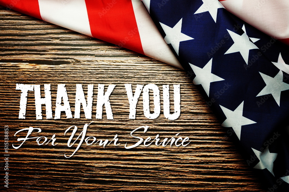 Thank You for your service text messege and USA flag. American holiday ...