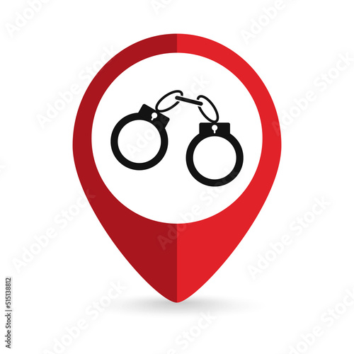 Map pointer with Handcuffs icon. Vector illustration.