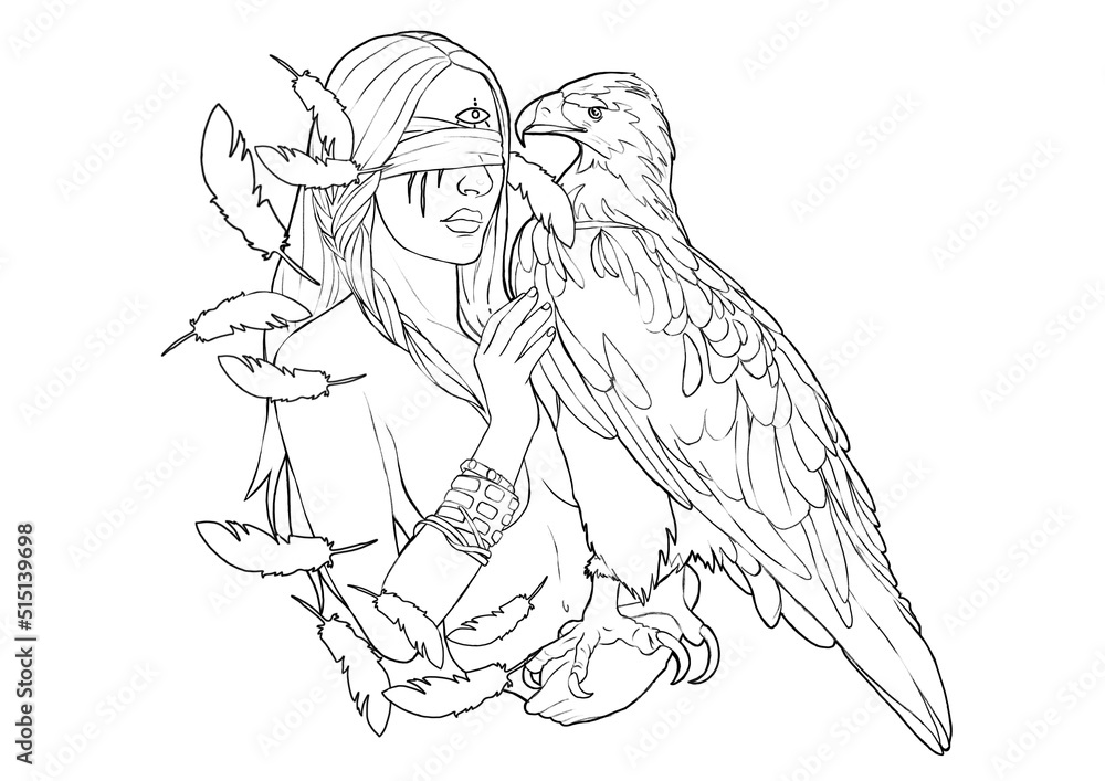 Fototapeta premium High Priestess Line Drawing Hand Drawn 12