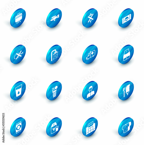 Set Fish, No doping syringe, Sports nutrition, meat, Glass with water, Shower head, Women waist and Ambulance and emergency car icon. Vector