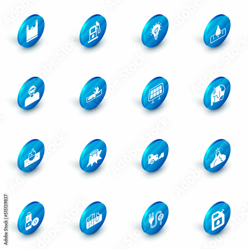 Set Petrol or gas station, Light bulb with leaf, Deforestation, Face in protective mask, Iceberg, Wrecked oil tanker ship, Global warming and Solar energy panel icon. Vector