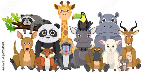 Zoo animals group in flat cartoon style