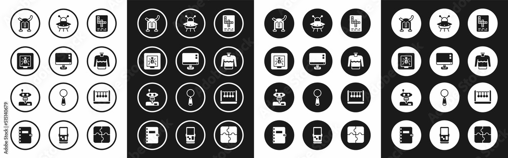 Set Crossword, Computer monitor screen, Insects in a frame, Viking horned helmet, Sweater, UFO flying spaceship, Pendulum and Robot icon. Vector