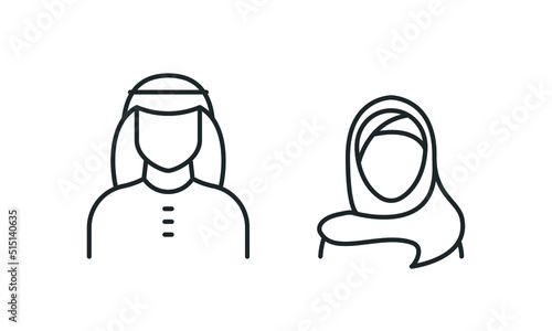 Islam People line icon. Man and Woman in traditional Muslim shemakh head scarf. Arab profile, Avatar. Vector illustration  