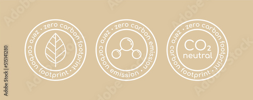Zero carbon emission rubber stamp set. CO2 emission reduction, zero carbon footprint, co2 neutrality round certificates linear vector illustration. Stop global warming, reduce greenhouse gas emission.
