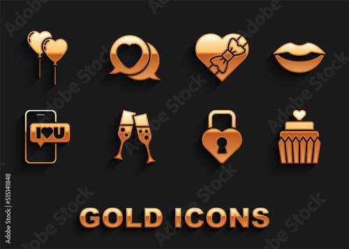 Set Glass of champagne, Smiling lips, Wedding cake with heart, Castle the shape, Mobile, Candy shaped box, Balloons form and Heart speech bubble icon. Vector