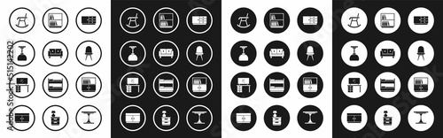 Set Chest of drawers, Sofa, Lamp hanging, Armchair, Chair, Library bookshelf, and TV table stand icon. Vector