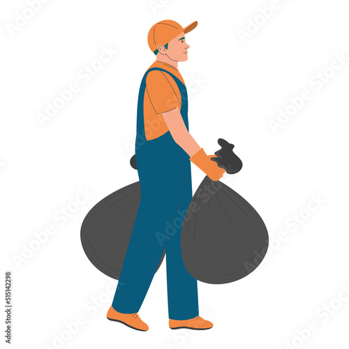 Cleaning service worker carrying gabrbage bags vector isolated. Person in uniform working. Male character with garbage walking to the trash bin.