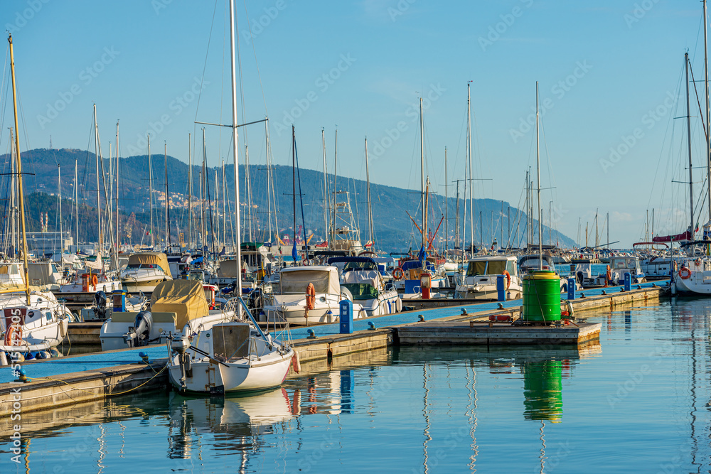 Many recreational boats moored in the port of La Spezia, Mediterranean sea (Ligurian Sea), Gulf of La Spezia, Liguria, Italy, southern Europe.
