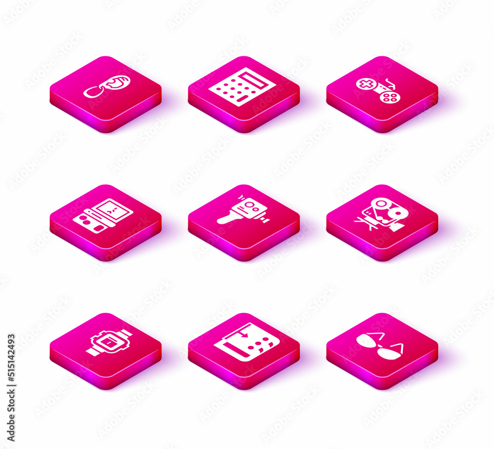 Set Wrist watch, Sound mixer controller, Tetris, Retro cinema camera, Glasses, Gamepad and Calculator icon. Vector Set Wrist watch, Sound mixer controller, Tetris, Retro cinema camera, Glasses, Gamepad and Calculator icon. Vector