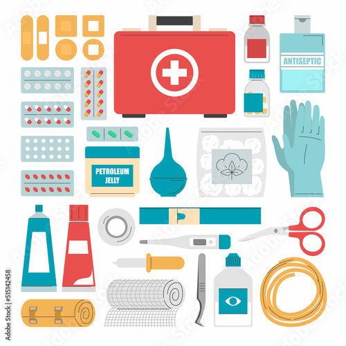 First aid kit set vector isolated. Collection of medical tools for emergency case. Thermometer, scissors, bandages and different pills. Red bag with a cross, container for medical equipment.