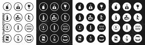 Set Wine glass, Whiskey bottle and, Cocktail, Champagne, Tequila, Shot and Alcohol or beer bar location icon. Vector