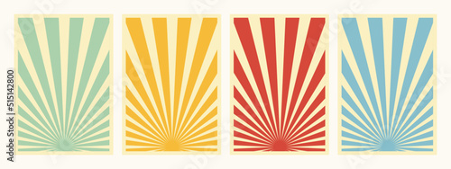 Set of 4, Retro Inspired Vertical Posters, Different Sunburst Promo Propaganda Background Templates. Green, Yellow, Red And Blue Paper Collage Backdrops.
