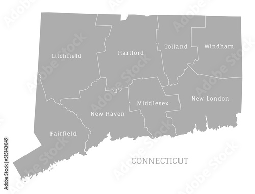 Highly detailed gray map of Connecticut, US state. Administrative map of Connecticut with territory borders and counties names labeled realistic vector illustration