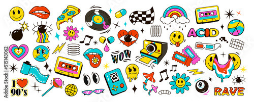Acid rave set. Psychedelic trippy, acidic abstract characters and objects. A set of Y2K-style elements for graphic design. Vector illustration