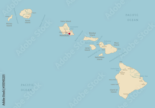 Highly detailed map of Hawaii, island American state. USA region political map with territory borders and counties English labeling realistic vector illustration