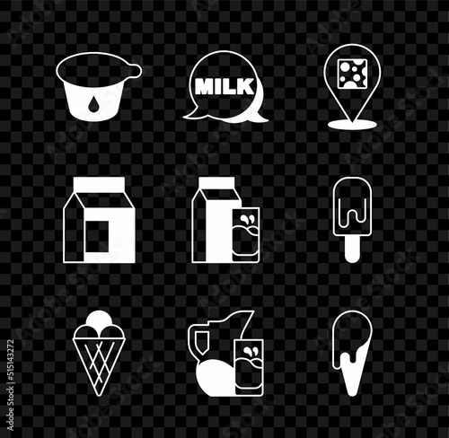 Set Yogurt container, Lettering milk, Cheese, Ice cream waffle cone, Milk jug or pitcher and glass, Paper package for and kefir icon. Vector