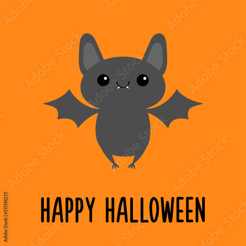 Happy Halloween. Bat flying. Cute cartoon kawaii funny baby animal charater. Greeting card. Flat design. Orange background. Isolated.