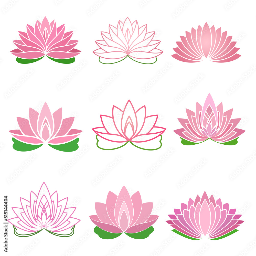 Set of pink lotus water lilly flower icon