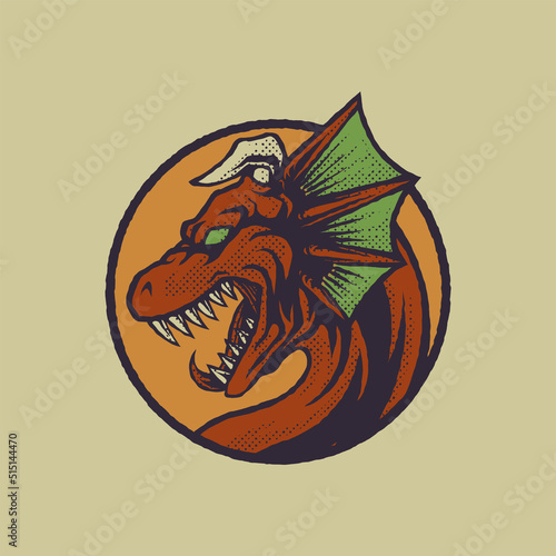 Cartoon emblem of red dragon head with retro style