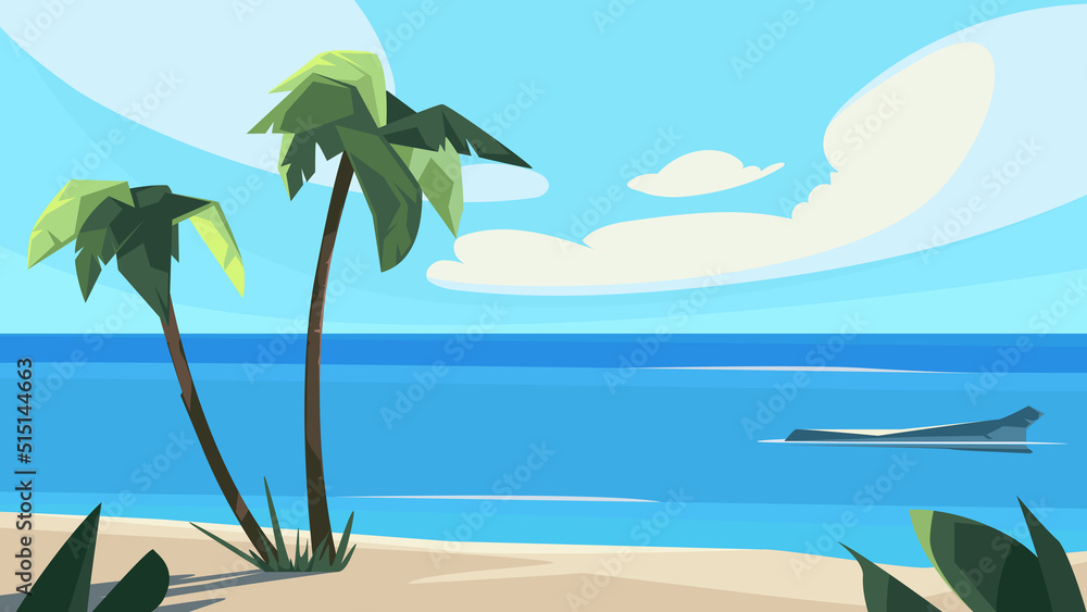 Obraz premium Palm trees with ocean and clouds. Beautiful summer landscape.