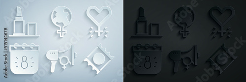 Set Feminist activist, Feminism, Calendar with 8 March, Condom package, the world and Lipstick icon. Vector