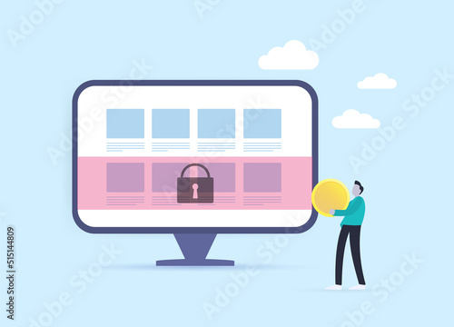 Paywall Paid Content - pay after reading or what you want concept. Online content available only after payment. Paid Member Subscriptions service. Character holding a coin to give to a paid service