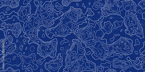 Topography map seamless pattern with grid and mountains. Blue white abstract topographic curves. Repeat geometric background. Outline topology land or underwater relief texture. Vector illustration.