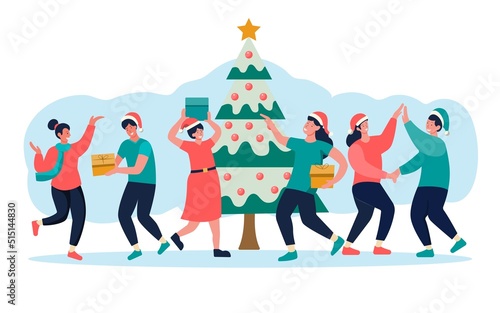 Celebrate Christmas with Christmas tree decorations. exchanging gifts  illustrations  postcards  invitations to join the festival of happiness with a party.