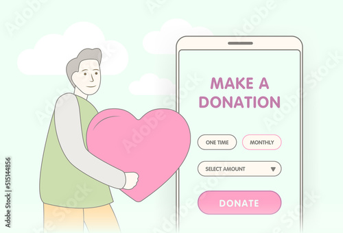 Donation charity and affection support concept. Donate online with mobile social app to help other people, giving money or volunteer. Character hold heart in hands show love and care in relations