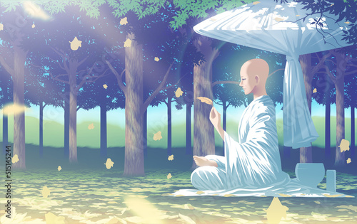 a female monk is considering TriLakshana of a dry leaf in her hand