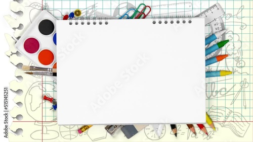 Colorful school supplies appearing underneath the blank notepad isolated on white background with white space. School and Education concept. Seamless looping. High quality 4k video.