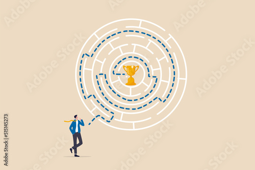 Path to success, challenge to find the way to achieve target or goal and win trophy, solve problem or business decision concept, contemplation businessman finding the way in labyrinth to reach target.