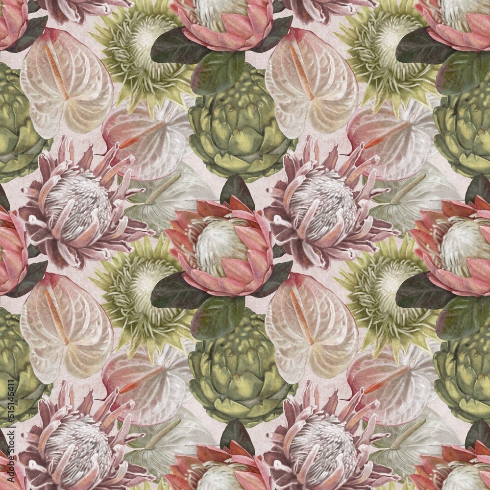 Protea Pattern Protea seamless pattern. watercolor realist flowers of protea and ...
