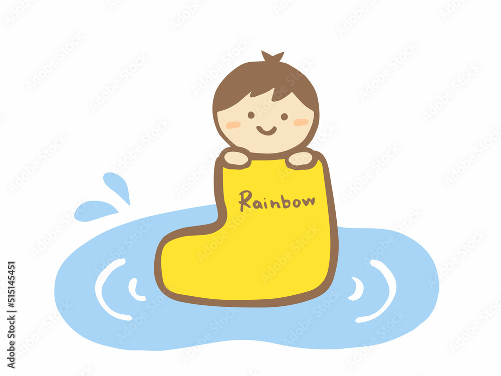 かわいい黄色の長靴と男の子と水たまり /手描きイラスト かわいい黄色の長靴と男の子と水たまり /手描きイラスト