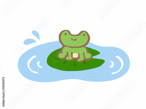 かわいい梅雨の水たまりとカエル／手描きイラスト素材