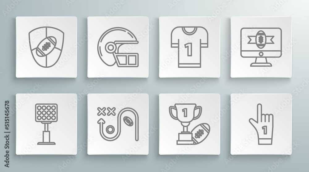 Set line Bright stadium lights, American football helmet, Planning strategy concept, Award cup and, Number 1 one fan hand glove with finger raised, jersey, tv program and Football shield icon. Vector