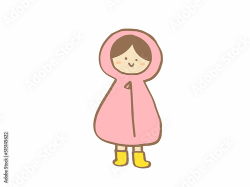 かわいいレインコートと女の子とかっぱ／手描きイラスト