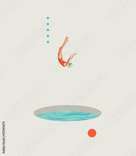 Contemporary art collage. Young girl in red swimming suit and cap diving into swimming suit. Leisure time