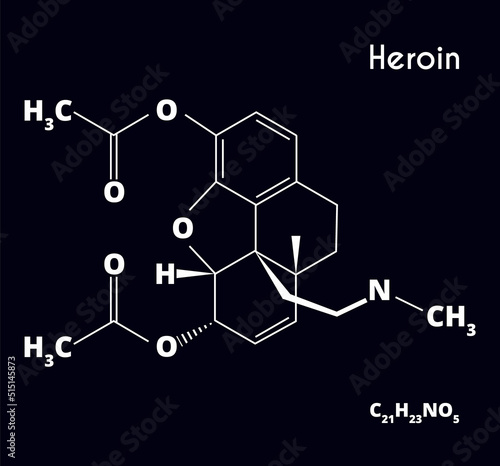 Recreational drugs. Heroin molecule isolated on black background. Vector illustration.
