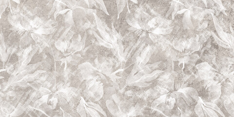 Flowers on the old white wall background, digital wall tiles or wallpaper design