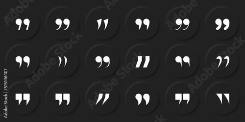 Set of Quotation Mark Icon. Double Comma Silhouette Signs of Quote Icons. White Quotation Signs on Black Background. Punctuation Symbol of Speech. Isolated Vector Illustration