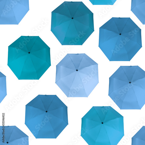 Seamless pattern of different light blue colors umbrellas isolated on white background