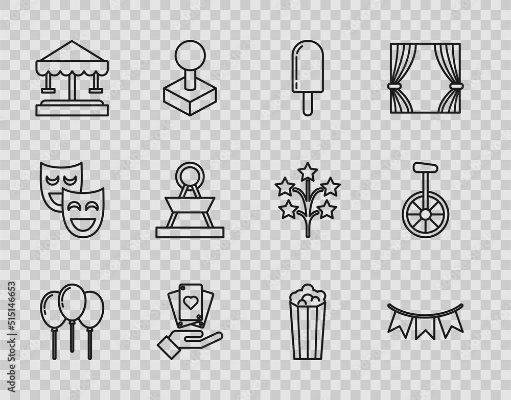 Set line Balloons with ribbon, Carnival garland flags, Ice cream, Hand holding playing cards, Attraction carousel, Popcorn cardboard box and Unicycle one wheel bicycle icon. Vector Set line Balloons with ribbon, Carnival garland flags, Ice cream, Hand holding playing cards, Attraction carousel, Popcorn cardboard box and Unicycle one wheel bicycle icon. Vector
