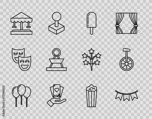 Set line Balloons with ribbon, Carnival garland flags, Ice cream, Hand holding playing cards, Attraction carousel, Popcorn cardboard box and Unicycle one wheel bicycle icon. Vector