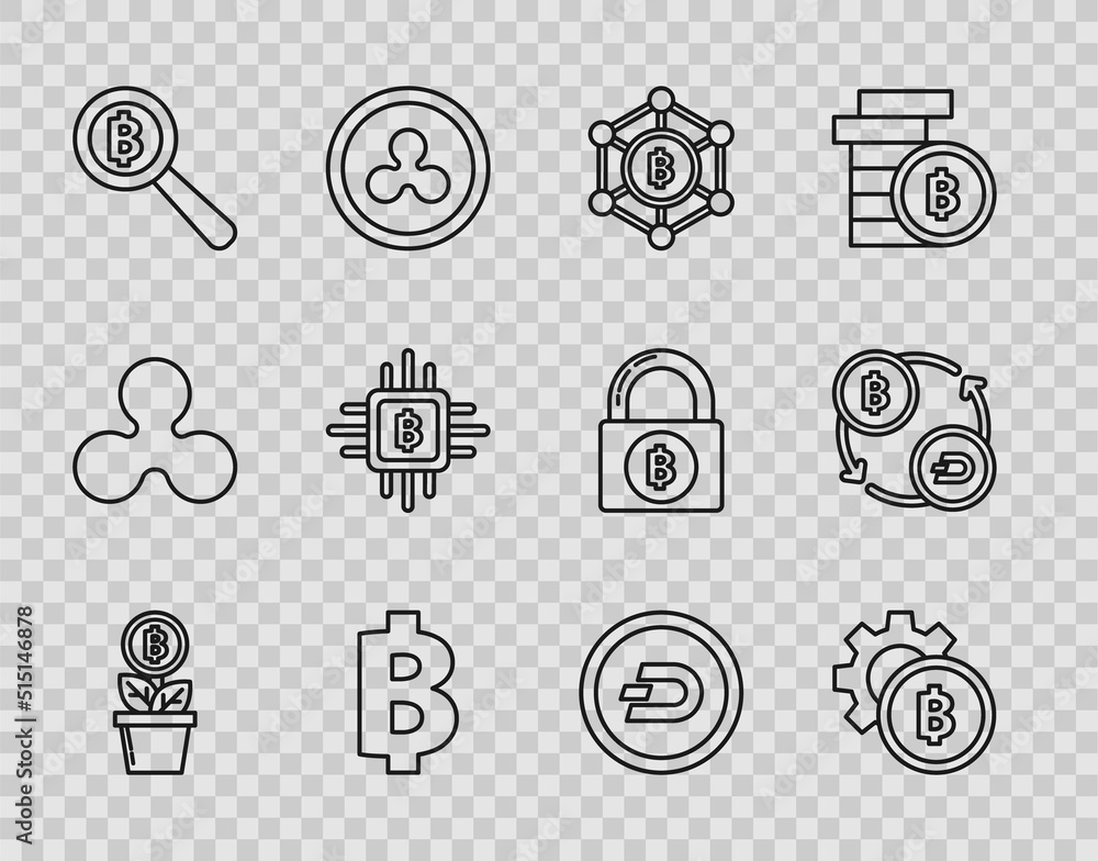 Set line Bitcoin plant in the pot, Cryptocurrency, Blockchain technology, Magnifying glass with, CPU mining farm, Dash and exchange icon. Vector Set line Bitcoin plant in the pot, Cryptocurrency, Blockchain technology, Magnifying glass with, CPU mining farm, Dash and exchange icon. Vector